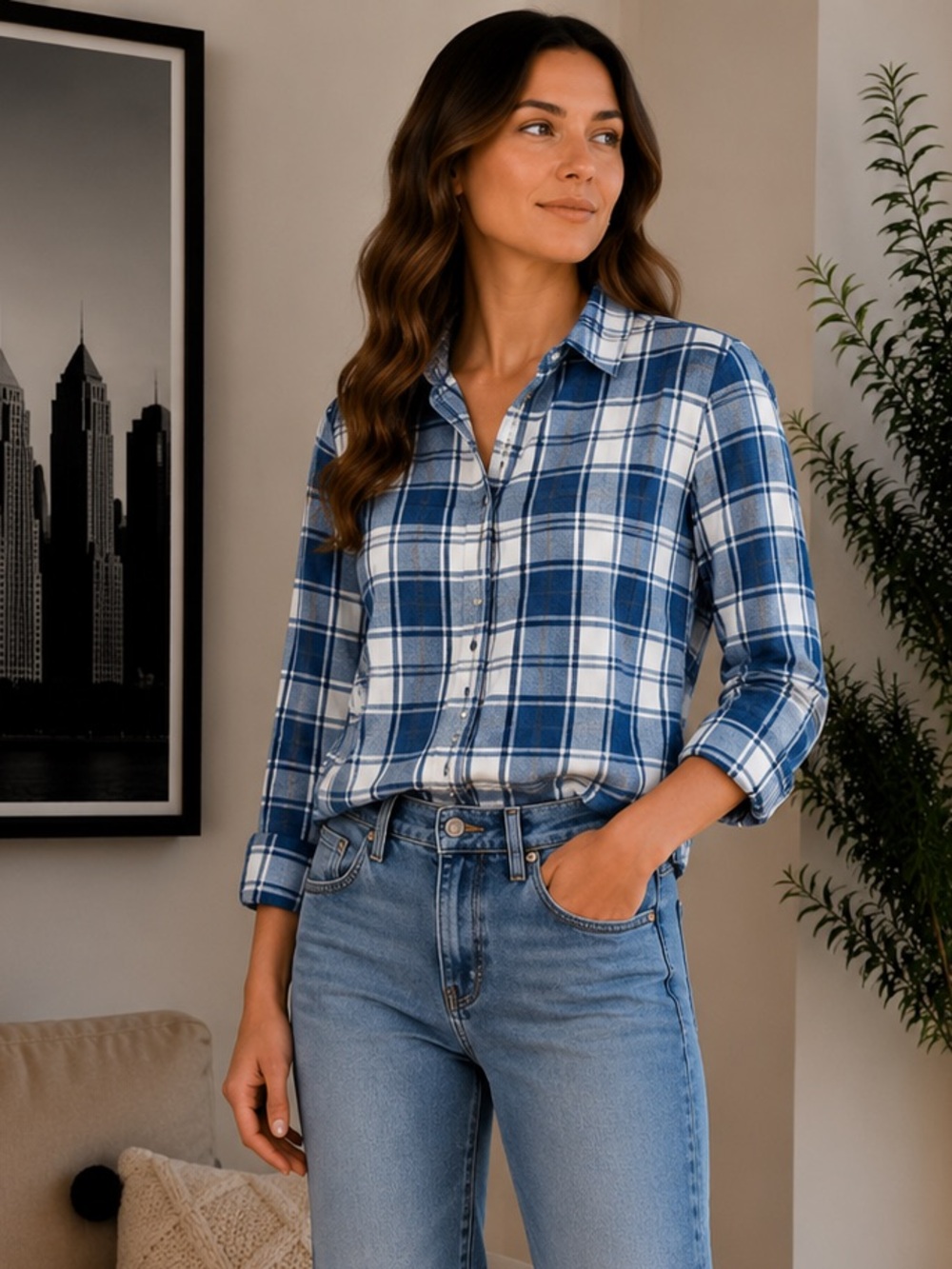 J. Crew Perfect Shirt Plaid Button Down Blue White size 0